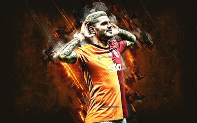 mauro icardi, galatasaray, argentiinalainen jalkapalloilija, oranssi kivitausta, grunge  taide, turkki, jalkapallo