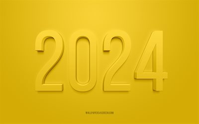 2024 Happy New Year, yellow background, 2024 greeting card, Happy New Year, yellow 2024 background, 2024 concepts