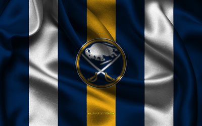 4k, logo buffalo sabres, tissu de soie bleu blanc, équipe de hockey américaine, buffalo sabres emblem, dans la lnh, sabres de buffle, etats unis, le hockey, buffalo sabres flag