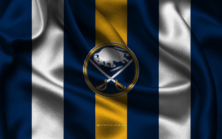 4k, logo di buffalo sabres, tessuto di seta bianca blu, team di hockey americana, emblema di buffalo sabres, nhl, buffalo sabres, stati uniti d'america, hockey, flag di buffalo sabres