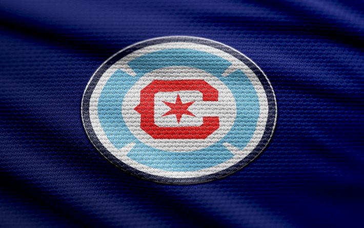 logotipo de tecido de chicago fire fc, 4k, fundo de tecido azul, mls, bokeh, futebol, logotipo do chicago fire fc, emblema do chicago fire fc, chicago fire, american soccer club, chicago fire fc