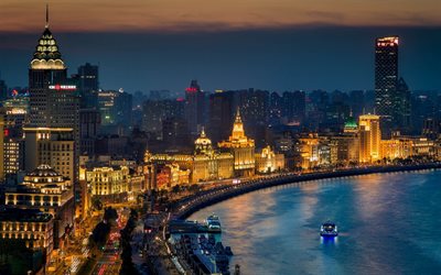Shanghai, semáforos, terraplén, China, noche, Asia