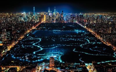 central park, noite, nova york, américa, horizonte, nyc, eua