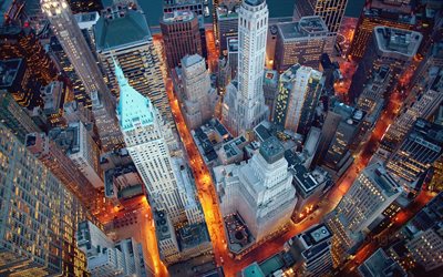 मैनहट्टन, NYC, गगनचुंबी इमारतों, दीवार, सड़क, शाम शहर, न्यूयॉर्क, संयुक्त राज्य अमेरिका