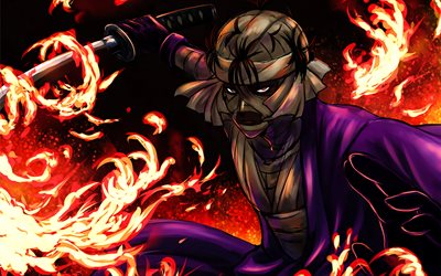 Shishio Makoto, fire flames, Rurouni Kenshin, warrior, anime characters, sword, manga, Shishio Makoto Rurouni Kenshin