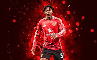kobbie mainoo, 4k, kırmızı neon işıklar, manchester united fc, premier lig, ingiliz futbolcular, kobbie mainoo 4k, futbol, kobbie mainoo manchester united, adam birleşik
