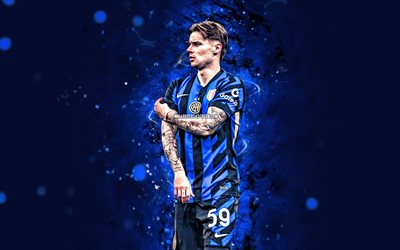 4k, nicola zalewski, sfondo astratto blu, inter, serie a, calciatori polacchi, nicola zalewski 4k, luci al neon blu, calcio, internazionale, nicola zalewski inter