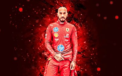 4k, lewis hamilton, roter abstrakter hintergrund, scuderia ferrari, formel 1, britische rennfahrer, rote neonlichter, lewis hamilton 4k, formel eins, f1, lewis hamilton ferrari