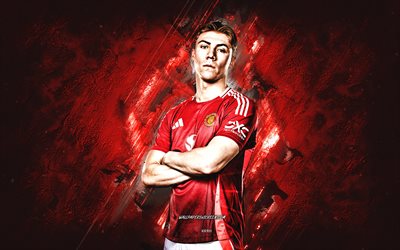 rasmus hojlund, manchester united fc, dänischer fußballer, roter steinhintergrund, grunge  kunst, fußball, premier league, england