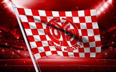 4k, شعار fsv mainz 05, نادي كرة القدم الألماني, علم الملعب, fsv mainz 05 fans flag, العلم الأبيض الأحمر, fsv mainz 05 emblem, البوندسليجا, mainz 05, ألمانيا, كرة القدم, mainz 05 fc