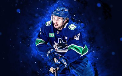 4k, Quinn Hughes, blue abstract background, Vancouver Canucks, NHL, american hockey players, Quinn Hughes 4K, hockey, blue neon lights, National Hockey League, Quinton Hughe, Quinn Hughess Vancouver Canucks