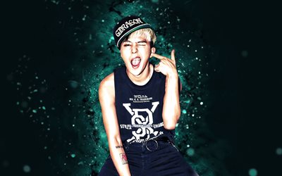 4k, g  드래곤, 한국 래퍼, 청록색 네온 조명, bigbang, 한국 가수, 음악 스타, kwon ji yong, 슈퍼 스타, k pop, g  드래곤 4k