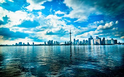 Canada, skyscrapers, clouds, blue sky, bay, Toronto, HDR, horizon