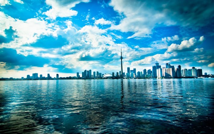 Canadá, los rascacielos, las nubes, el cielo azul, bahía, Toronto, HDR, horizonte