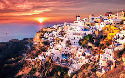 سانتوريني, اليونان, المنازل البيضاء, الأماكن رومانسية, البحر