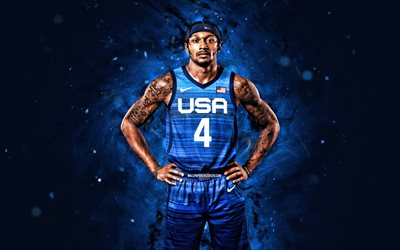 bradley beal, 4k, mavi neon ışıkları, amerika birleşik devletleri milli basketbol takımı, fiba, yaratıcı, basketbol, bradley emmanuel beal, mavi arka plan, bradley beal 4k