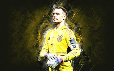 manuel neuer, saksan jalkapallomaajoukkue, saksalainen jalkapalloilija, maalivahti, keltainen kivi tausta, jalkapallo, saksa