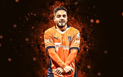 Yusuf Sari, 4k, orange neon lights, Istanbul Basaksehir, Super Lig, Turkish footballers, Yusuf Sari 4K, Basaksehir FC, football, soccer, Basaksehir, Yusuf Sari Basaksehir