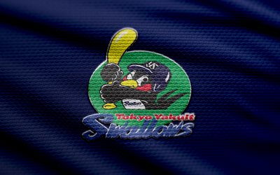 Yakult Swallows fabric logo, 4k, blue fabric background, NPB, bokeh, baseball, Yakult Swallows logo, Yakult Swallows emblem, japanese baseball team, Yakult Swallows