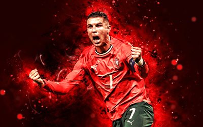 4k, cristiano ronaldo, kırmızı soyut arka plan, portekiz ulusal futbol takımı, portekizli futbolcular, kırmızı neon işıklar, cristiano ronaldo 4k, futbol, milli takımlar, cr7, cristiano ronaldo portekiz takımı