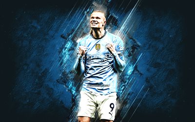 erling haaland, manchester city fc, norsk fotbollsspelare, blå stenbakgrund, man, grunge konst, premier league, engelska, fotboll, erling haaland manchester city