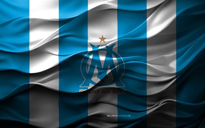 4k, logo olympique de marseille, fond 3d blanc bleu, ligue 1, emblème de l'olympique de marseille, équipe de football française, drapeau de l'olympique de marseille, texture 3d, france, olympique de marseille, football, marseille