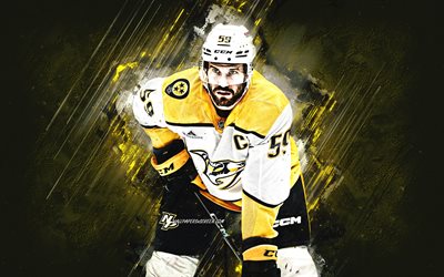 roman josi, nashville predators, schweizer hockeyspieler, nhl, gelber steinhintergrund, grunge  kunst, usa, national hockey league, eishockey, roman josi nashville raubtiere