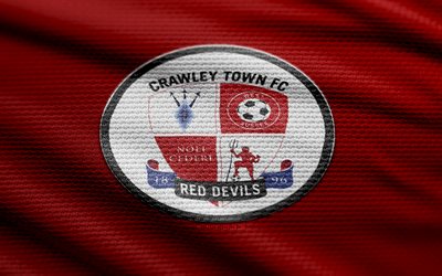 crawley town fc fabric logo, 4k, hintergrund roter stoff, liga eins, bokeh, fußball, crawley town fc logo, crawley town fc emblem, crawley town fc, englischer fußballverein, crawley town
