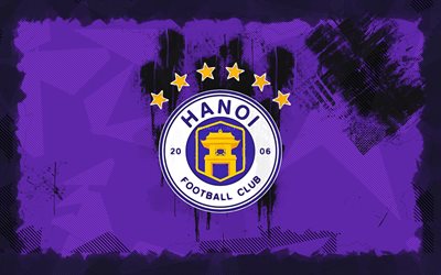 Hanoi FC grunge logo, 4k, V-League 1, violet grunge background, soccer, Hanoi FC emblem, football, Hanoi FC logo, Hanoi FC, Vietnamese football club, FC Hanoi