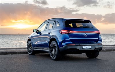 4k, mercedes benz eqa night edition, vue arrière, voitures électriques, 2025 voitures, coucher de soleil, jetée, h243, mercedes benz bleu eqa, 2025 mercedes benz eqa, voitures allemandes, mercedes