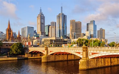 Melbourne, evening, sunset, skyscrapers, 120 Collins Street, 101 Collins Street, Flinders Street, Melbourne cityscape, business centers, Victoria, Australia