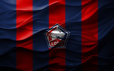 4k, lille osc logosu, mavi kırmızı 3d arka plan, ligue 1, lille osc amblemi, fransız futbol takımı, lille osc bayrağı, 3d doku, fransa, lille fc, futbol, lille osc, lille
