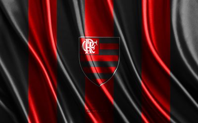 4k, logotipo flamengo, serie brasileira a, textura de seda preta vermelha, bandeira flamengo, time de futebol brasileiro, futebol, bandeira da seda, emblema de flamengo, brasil, crachá de flamengo, flamengo, cr flamengo