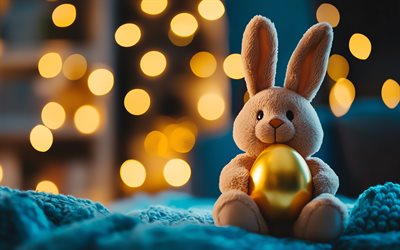 osterhase mit ei, goldenes osterei, frohe ostern, plüschhasen, osterhintergrund, ostern, osterkartenhintergrund