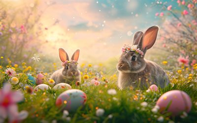 osterhasen, 4k, fantasy  kunst, ostereier, ецщ hasen, ostern, hintergrund mit hasen, osterhase, kaninchen, hasen, frohe ostern, cartoon osterhase