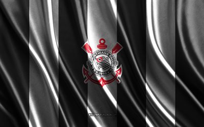 4k, logotipo coríntios, serie brasileira a, textura de seda branca preta, coríntios bandeira, time de futebol brasileiro, futebol, bandeira da seda, coríntios emblema, brasil, coríntios fc, crachá de fortaleza, coríntios do sport club paulista