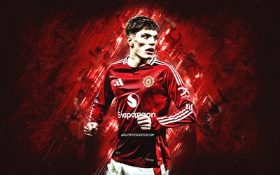 Alejandro Garnacho, grunge art, Manchester United FC, Argentine football player, red stone background, Premier League, England, football, Alejandro Garnacho Manchester United