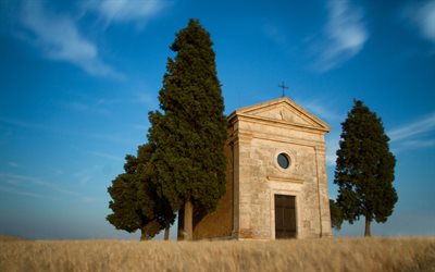wheat field, summer, chapel, blue sky, Italy, Sky, Field