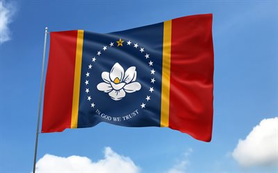 旗竿のミシシッピ州の旗, 4k, アメリカの州, 青空, ミシシッピ州の旗, 波状のサテンの旗, 米国の状態, 旗のある旗竿, アメリカ, ミシシッピの日, アメリカ合衆国, ミシシッピ
