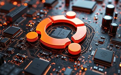 logo ubuntu 3d, 4k, puce avec des jetons, carte mère, linux, fond noir, logo ubuntu, ubuntu, logo orange ubuntu
