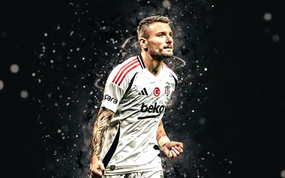 Ciro Immobile, 4k, white neon lights, Besiktas, Super Lig, Italian footballers, Ciro Immobile 4K, football, Besiktas FC, soccer, Besiktas JK, BJK, Ciro Immobile Besiktas