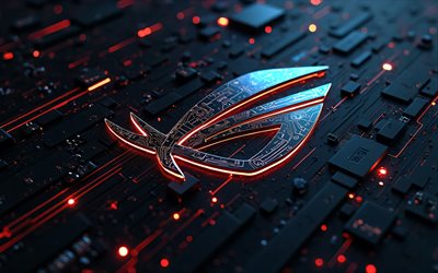 logo rog red neon, 4k, fond noir en haute technologie, république des joueurs, microcircuits, chef d'orchestre, logo rog sur le microcircuit, marques, rogo rog metal, logo de la république des joueurs, asus rog, logo rog, rog