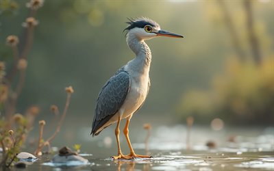 4k, netter 3d  heron, cartoon 3d heron, süße vögel, reiher, 3d  tiere, cartoon 3d  tiere, lustiger heron, kleiner heron, naturhintergrund, 3d  vögel