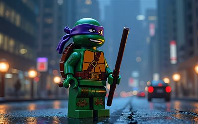 4k, donatello, lego art, paysage nocturne, teenage mutant ninja turtles, art 3d, caractères tmnt, tortues mutées, donatello lego, tortues ninja, tmnt, donatello tmnt