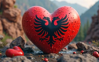4k, I Love Albania, mountains, 3D art, creative, Day of Albania, flag of Albania, heart with Albanian flag, 3D hearts, Albanian flag, Albania, Love for Albania