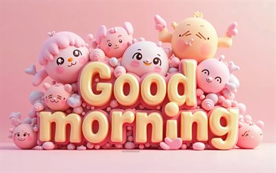 좋은 아침이에요, 4k, 창조적 인 예술, 좋은 아침 비문, 좋은 아침 3d 비문, 3d 만화 감정, 좋은 아침 개념, 좋은 아침 소원