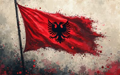 Albania flag, 4k, grunge background, Albanian flag on the flagpole, Albanian paint splashes flag, Albanian flag, grunge art, flag of Albania, creative art, Albania