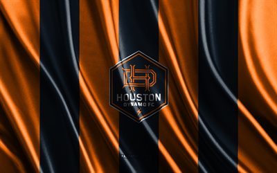 4k, logo fc de houston dynamo, mls, texture de soie noire orange, drapeau du houston dynamo fc, équipe de football américaine, football, drapeau en soie, houston dynamo fc emblem, usa, badge du houston dynamo fc, houston dynamo fc
