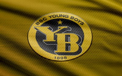 BSC Young Boys fabric logo, 4k, yellow fabric background, Swiss Super League, bokeh, soccer, BSC Young Boys logo, football, BSC Young Boys emblem, BSC Young Boys, Swiss football club, Young Boys FC