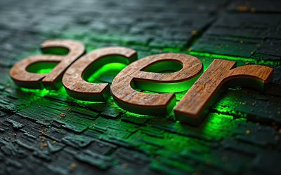 logotipo de acer de madera, 4k, luces de neón verde, fondos de madera, bokeh, logotipo acer 3d, obra de arte, logotipo de acer, marcas electrónicas, acer